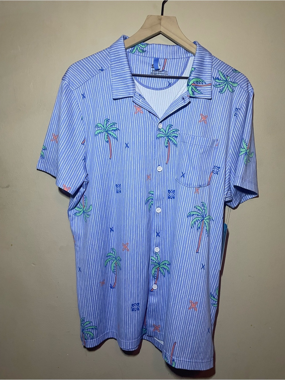 SAXX DropTemp Resort Polo Large NWT Tropical Palm Stripe Blue